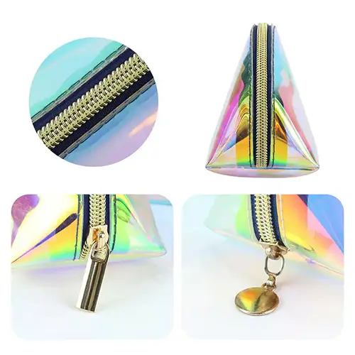 Bearky Luxury Elegant PVC Custom Clear Zipper Holographic Waterproof Large Travel Cosmetic Pouch Makeup Bag